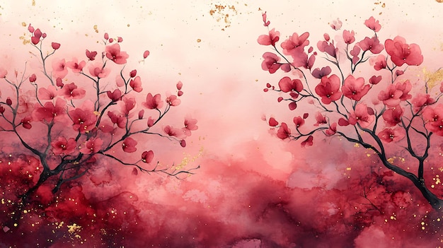 Watercolor painting of two blooming cherry blossom trees with gold glitter on a pink background