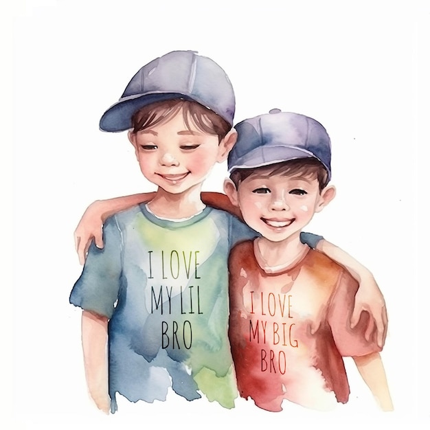 A watercolor painting of two boys hugging and the words i love my lil bro.