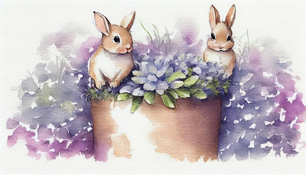 A watercolor painting of two bunnies in a flower pot.