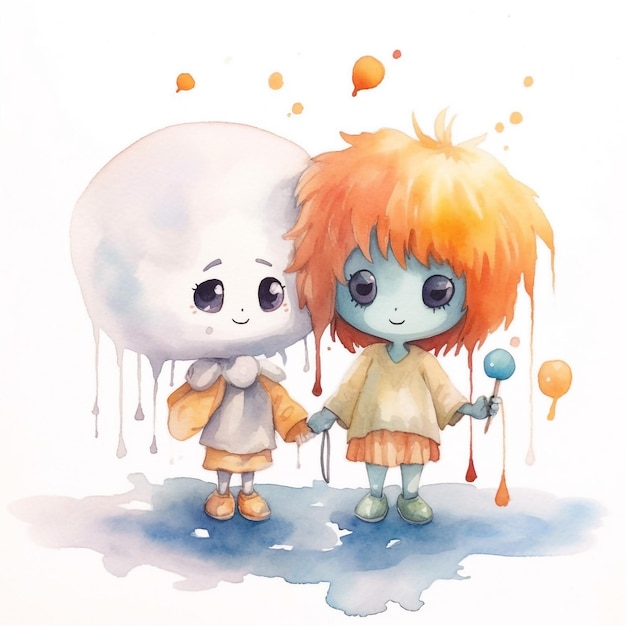 A watercolor painting of two children holding hands and the word " white ".