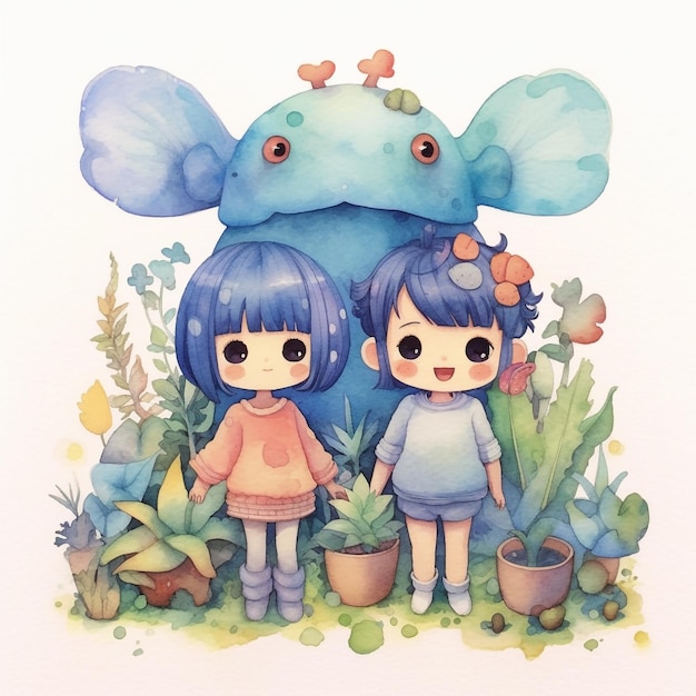 A watercolor painting of two children with blue hair and a blue elephant.