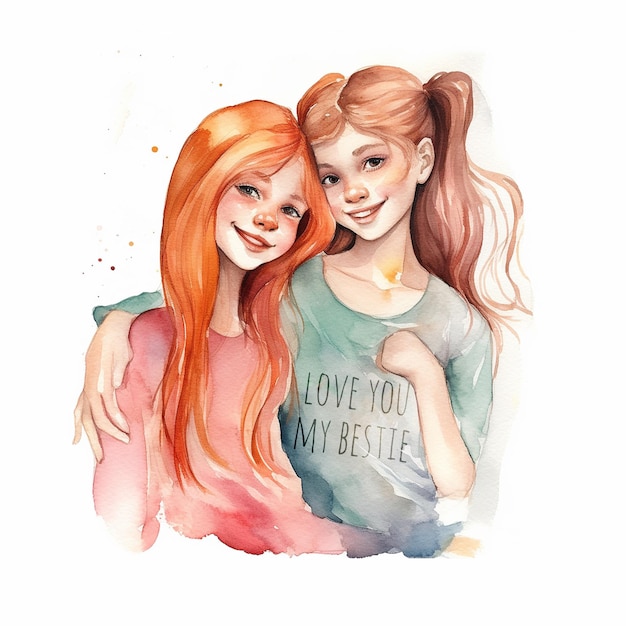 Photo a watercolor painting of two girls hugging and the words love you my best life on the front.