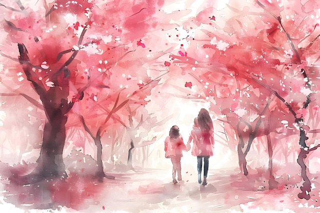 Watercolor Painting of Two Girls Walking Through a Blossoming Cherry Tree Tunnel