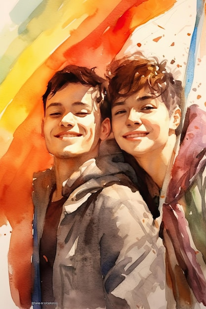 Watercolor painting of Two happy gays with lgbt flags on gay parade Generative AI Technology