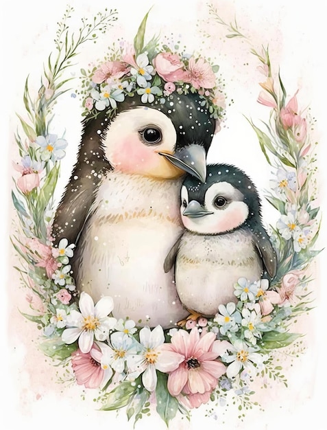 A watercolor painting of two penguins with flowers and a baby penguin.