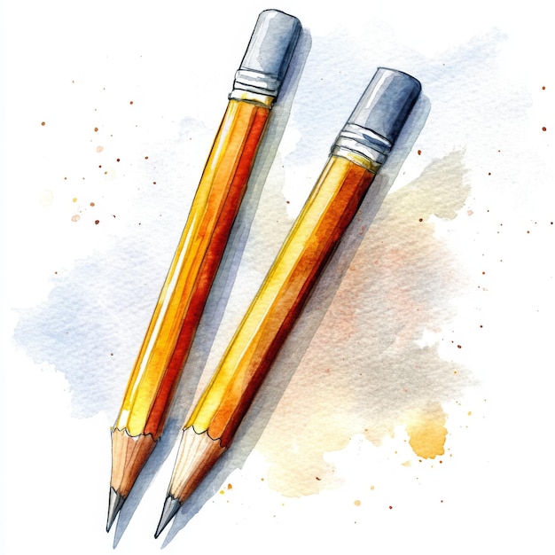 Photo watercolor painting of two yellow pencils