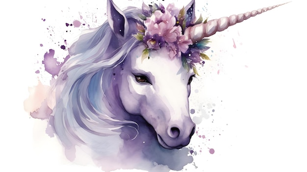 A watercolor painting of a unicorn with a flower crown.