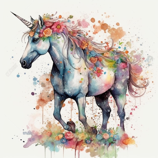 A watercolor painting of a unicorn with a rainbow horn.