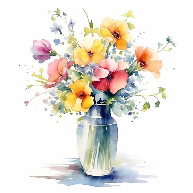 A watercolor painting of a vase of flowers with a blue background.