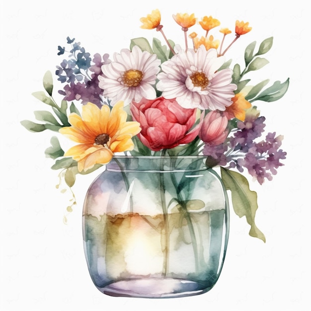 A watercolor painting of a vase of flowers