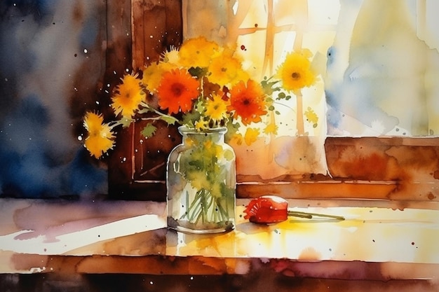 A watercolor painting of a vase of flowers