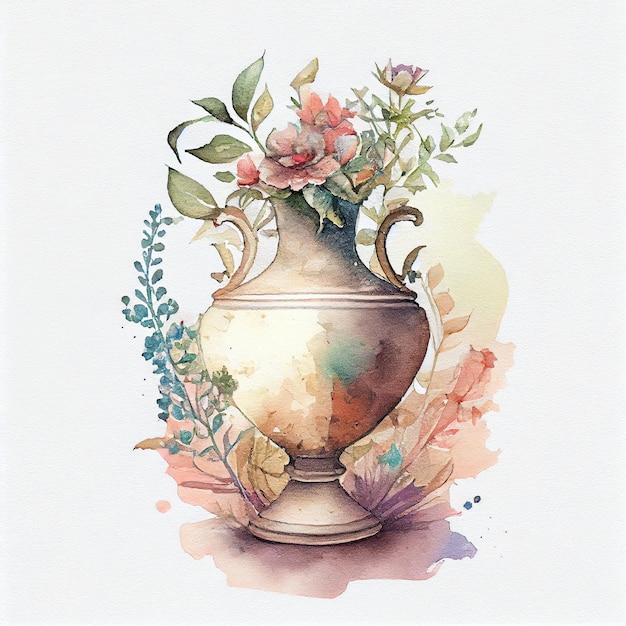 A watercolor painting of a vase with flowers on it