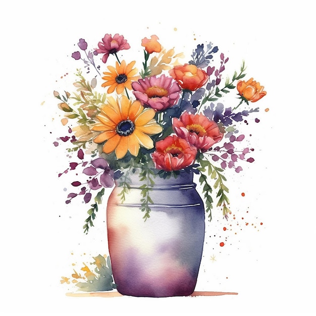 Watercolor painting of a vase with flowers and leaves