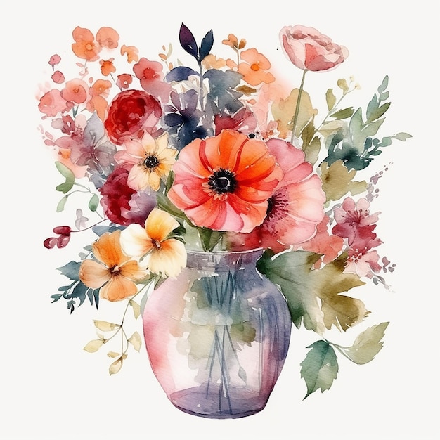 Watercolor painting of a vase with flowers and leaves