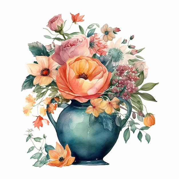 Watercolor painting of a vase with flowers and leaves