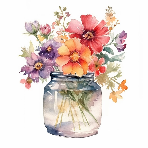 Watercolor painting of a vase with flowers and leaves