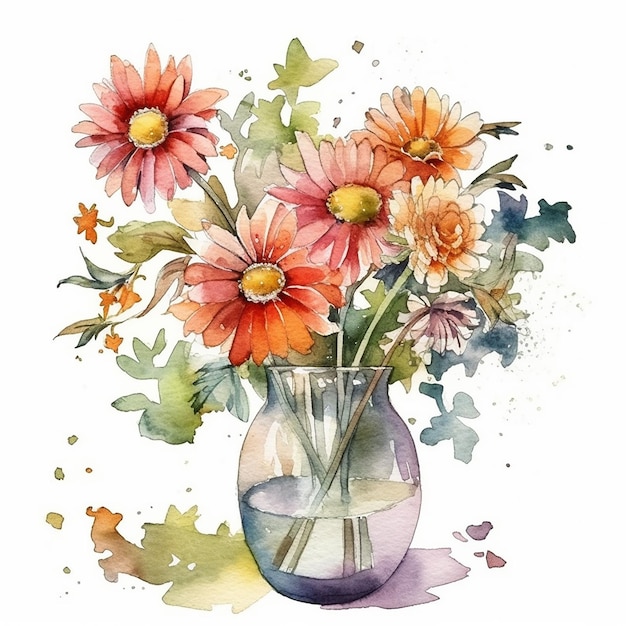 Watercolor painting of a vase with flowers and leaves