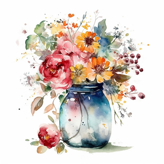 Watercolor painting of a vase with flowers and leaves