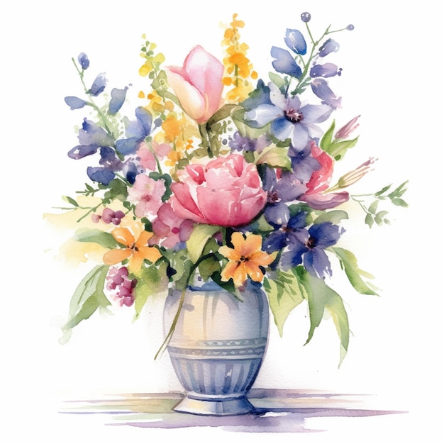 A watercolor painting of a vase with flowers and a pink tulip.