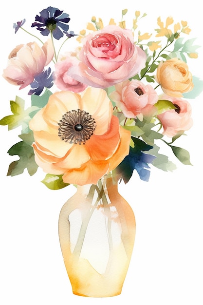 A watercolor painting of a vase with flowers.