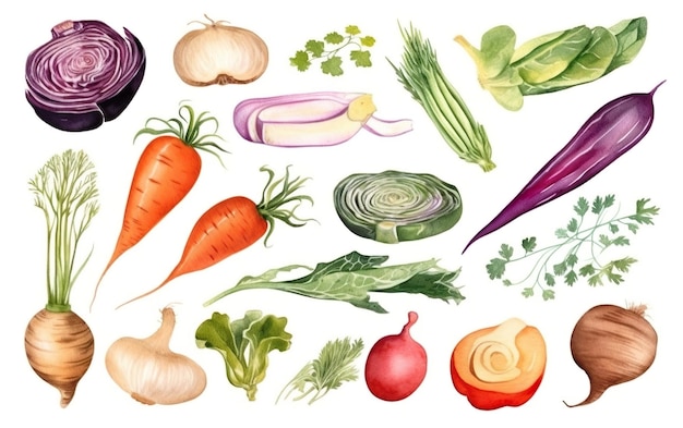 A watercolor painting of vegetables including carrots, onions, and parsley.