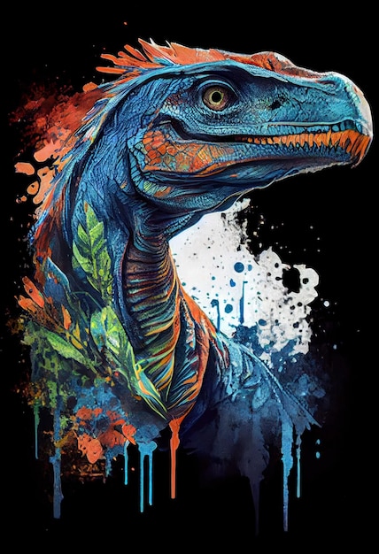 Watercolor painting of a velociraptor dinosaur with a dark background