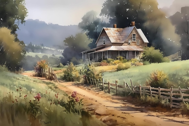 A watercolor painting of a village on canvas digital art illustration