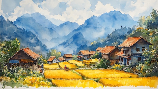 Watercolor Painting of a Village Nestled in the Mountains with Golden Rice Fields