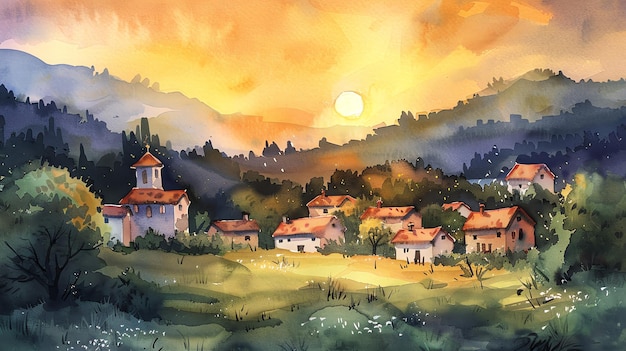 Photo watercolor painting of a village at sunset in the mountains