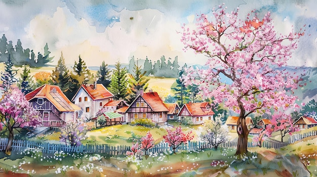 Watercolor painting of a village with a blooming cherry tree in the foreground