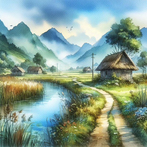 A watercolor painting of a village with a river and mountains in the background