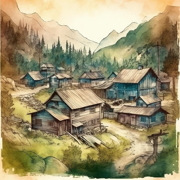 Watercolor painting of a village