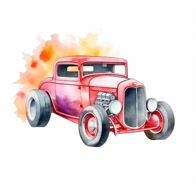 A watercolor painting of a vintage red hot rod.