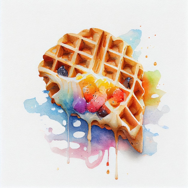 A watercolor painting of a waffle with blueberries on it.