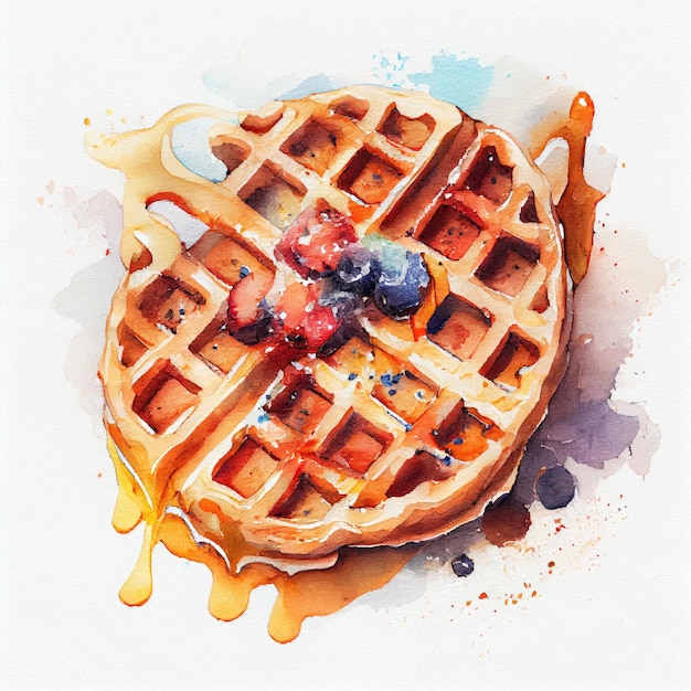 A watercolor painting of a waffle with blueberries and syrup.