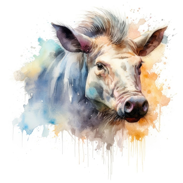 Watercolor painting of warthog with white background