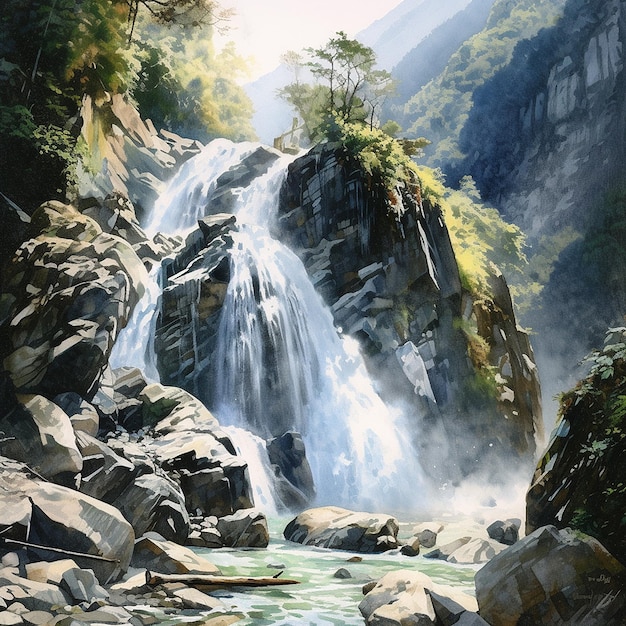 Watercolor painting waterf water coming down from mountain spring images Generative AI