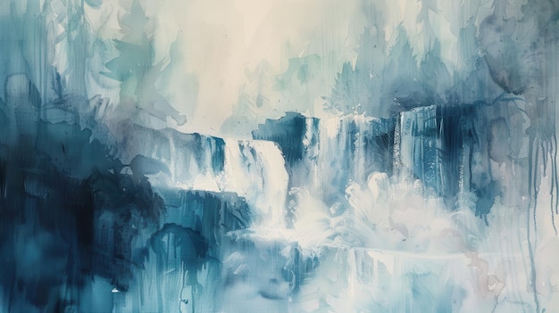 Photo watercolor painting of a waterfall in a misty forest