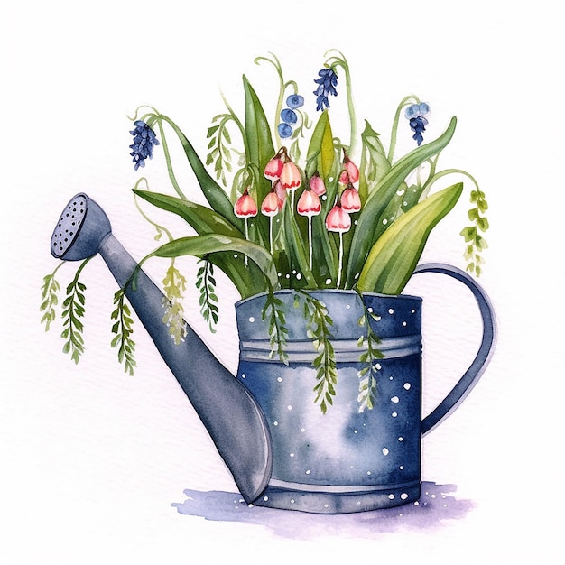 A watercolor painting of a watering can with flowers in it.