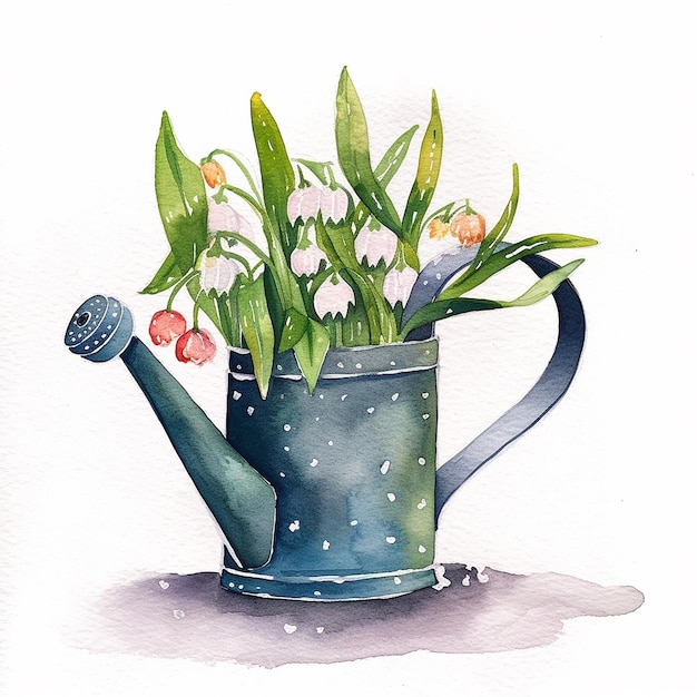 A watercolor painting of a watering can with snowdrops and green leaves.