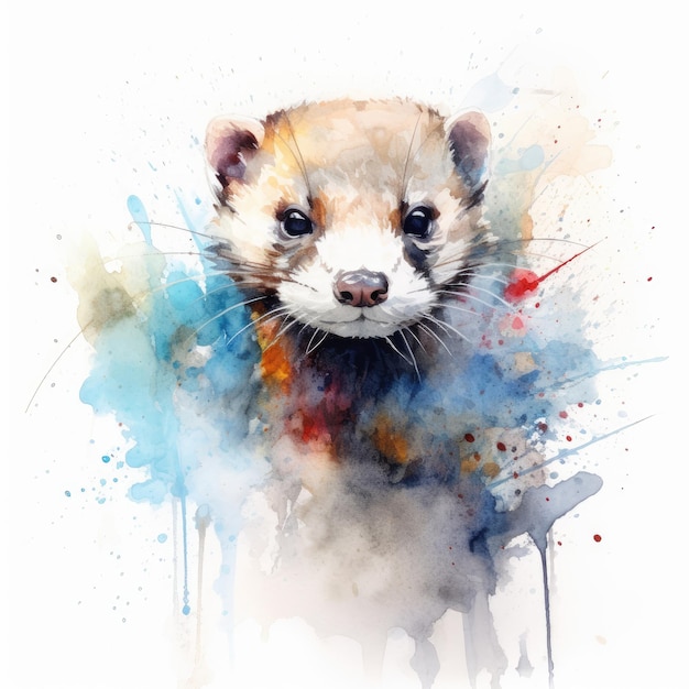 Watercolor painting of weasel with white background