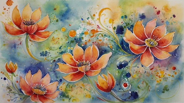 Watercolor painting Whimsical floral dance Depict abstract flowers swirling and dancing in a whimsic