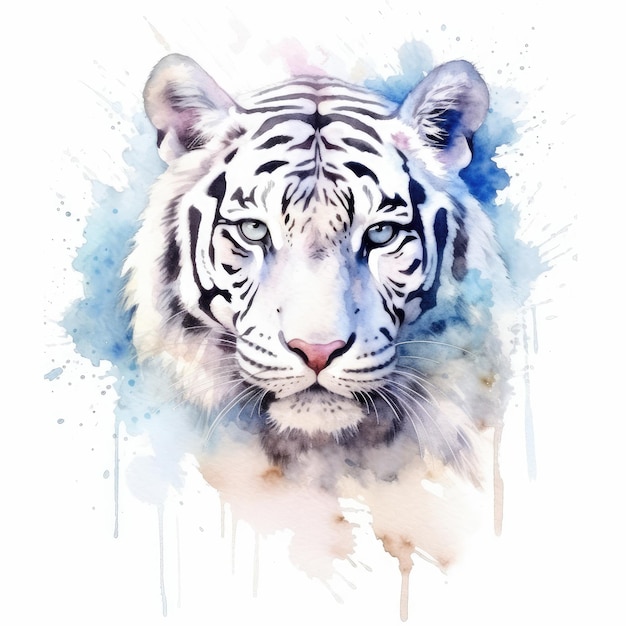 Watercolor painting of white bengal tiger with white background