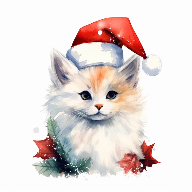 A watercolor painting of a white cat wearing a santa hat.