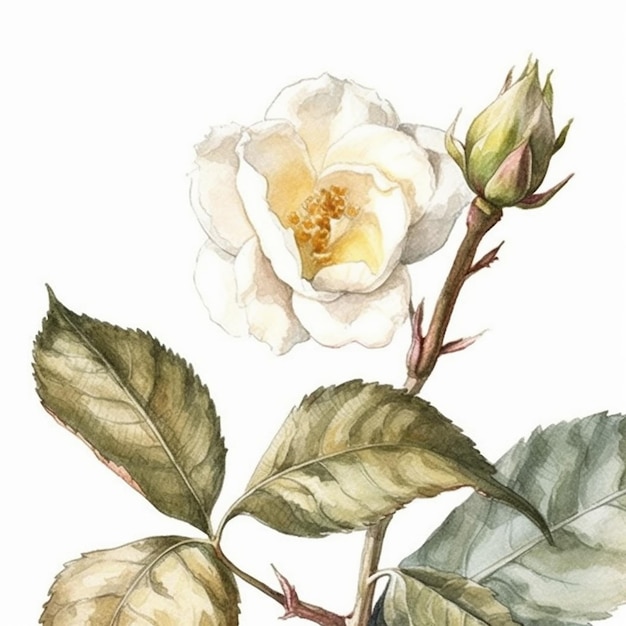 A watercolor painting of a white flower with yellow light on the stem.