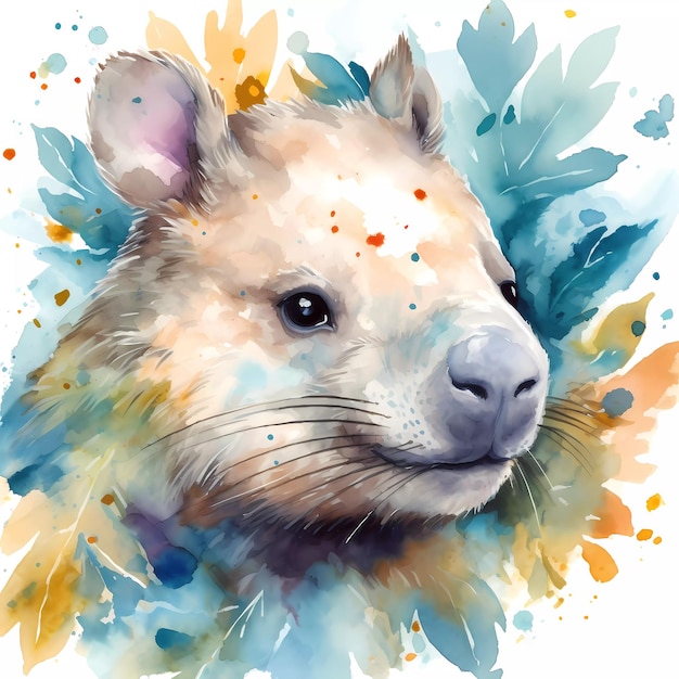 A watercolor painting of a white furry animal with a blue background and the word rat on it.