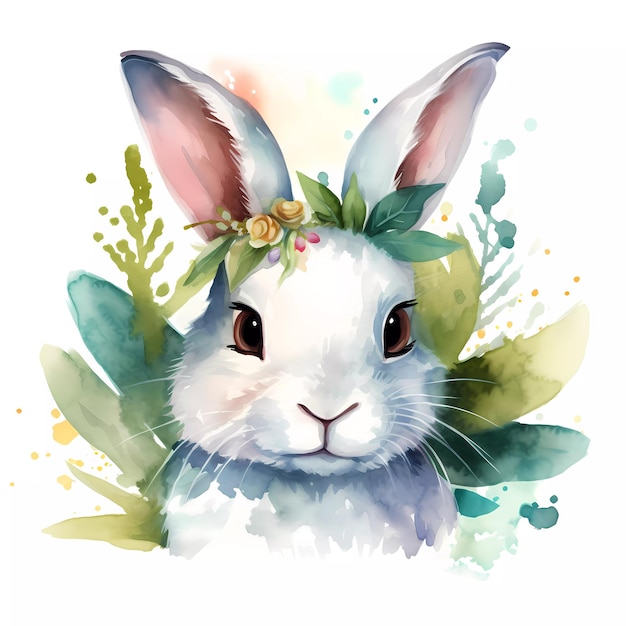 A watercolor painting of a white rabbit with a flower crown