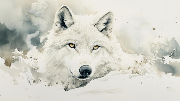 Photo watercolor painting of a white wolf with yellow eyes