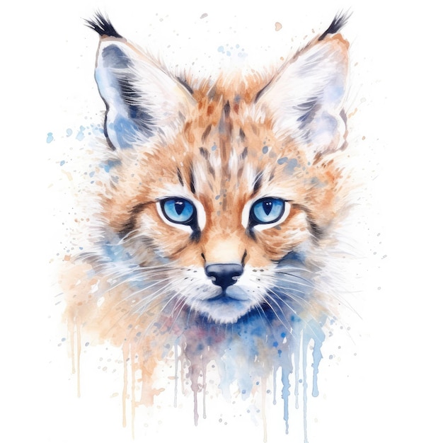 Watercolor painting of wild cat with white background