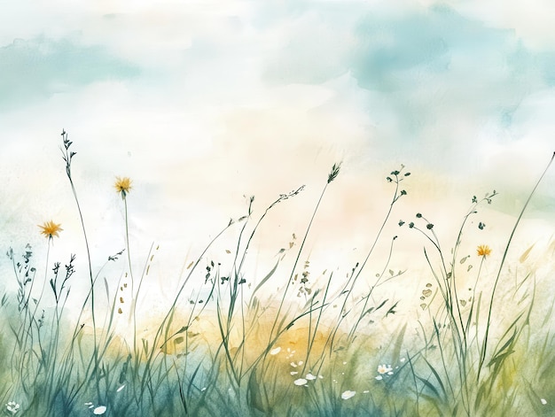 Watercolor Painting of Wildflowers and Grass in a Meadow with a Cloudy Sky Background